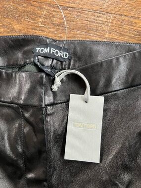 Tom Ford Black Leather Waistband pants with Gold-Accent Tag